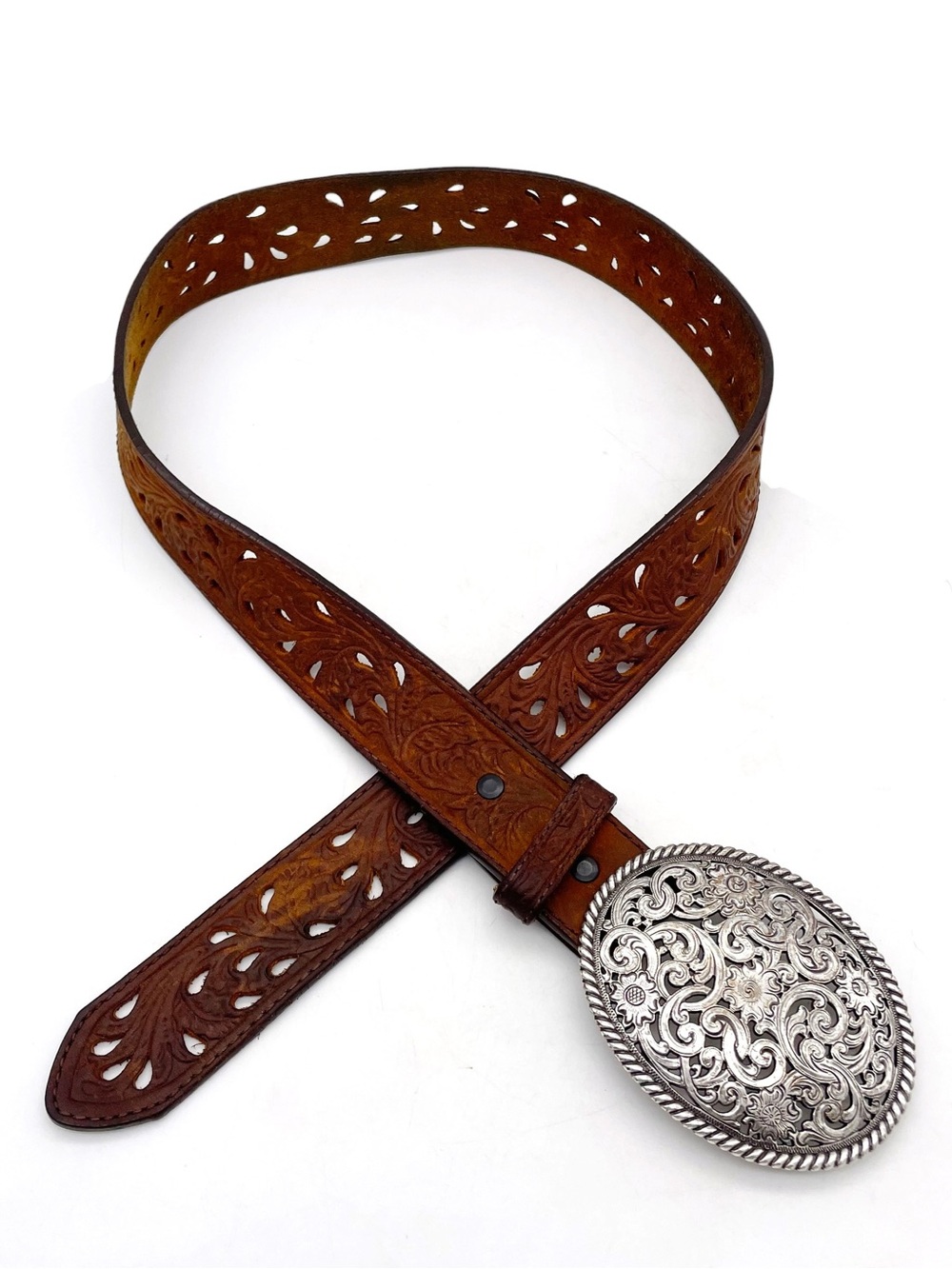 Tony Lama Leather Belt Size 32 Brown Tooled Cutout Western Floral Silver Buckle - Picture 3 of 12